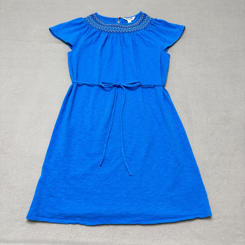 Boden Dress Womens 8 Blue Cotton Smocked Neck Short Sleeve Tie Waist Casual
